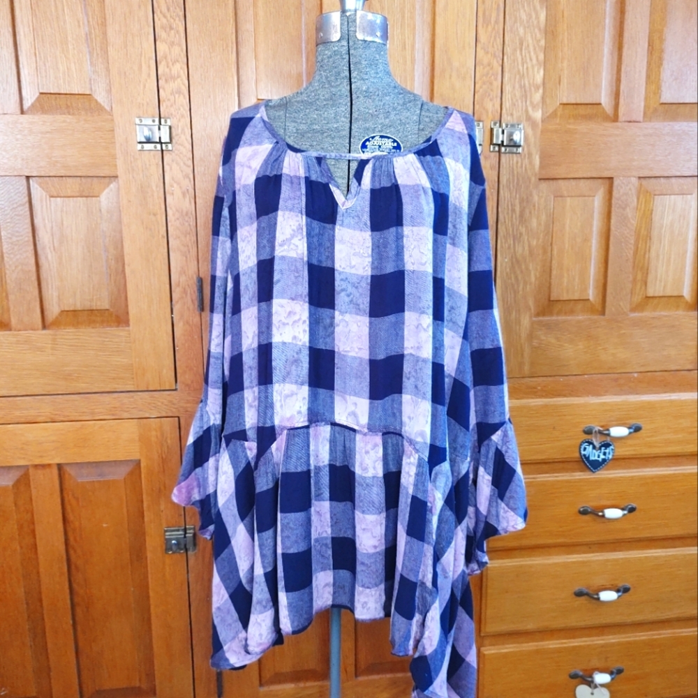 One World purple & navy checkered plaid boho asymmetrical hem peasant top